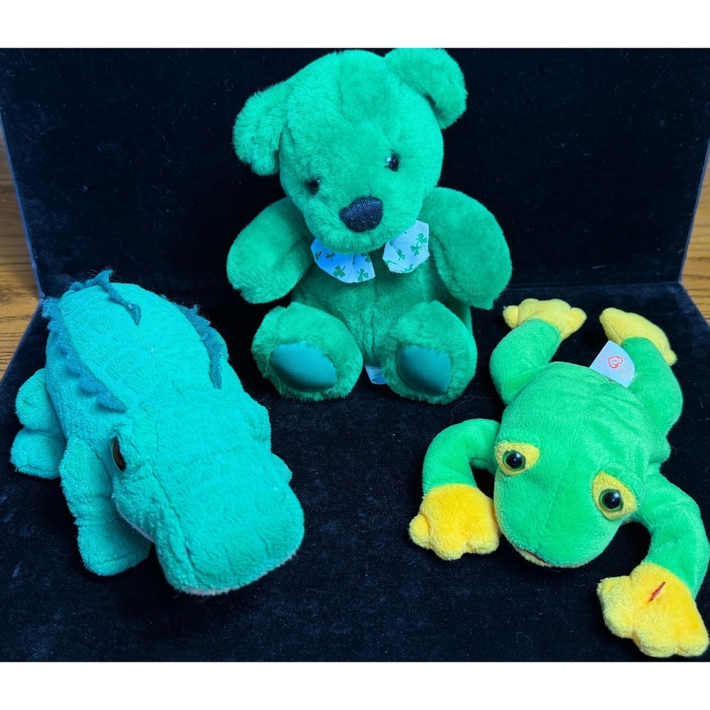 Ty Beanie Babies: Spike & Smoochy, First & Main: Lucky Bear, Green Plush Bundle